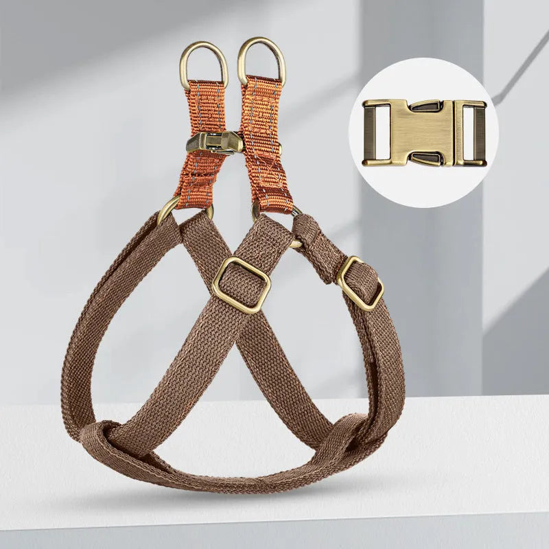 Brown vest-style anti-loss dog leash with adjustable sizing and alloy fastener