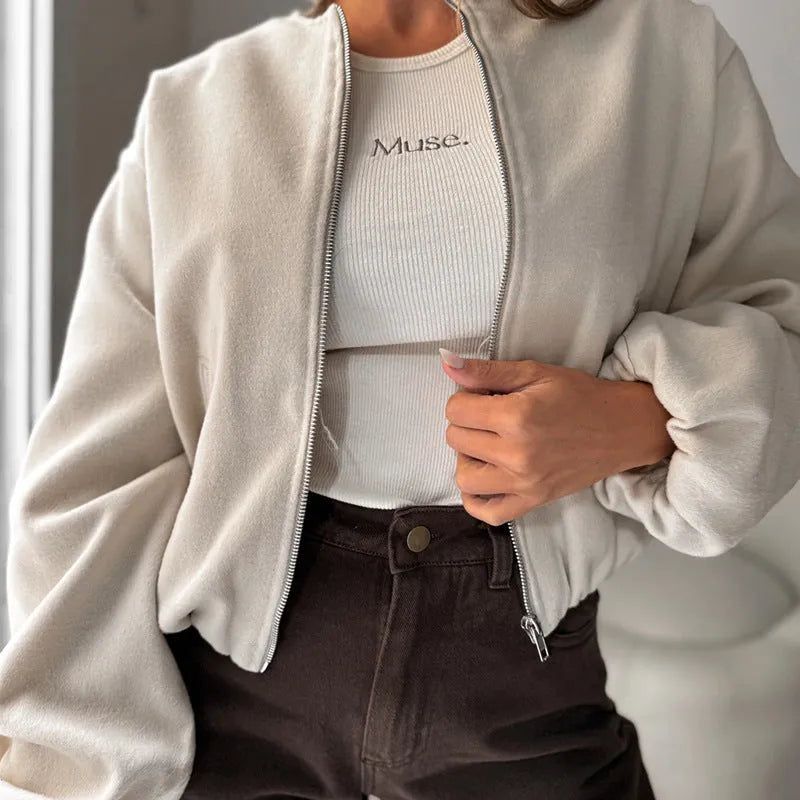 Women's off-shoulder lantern sleeve short coat in milky white or brown casual style