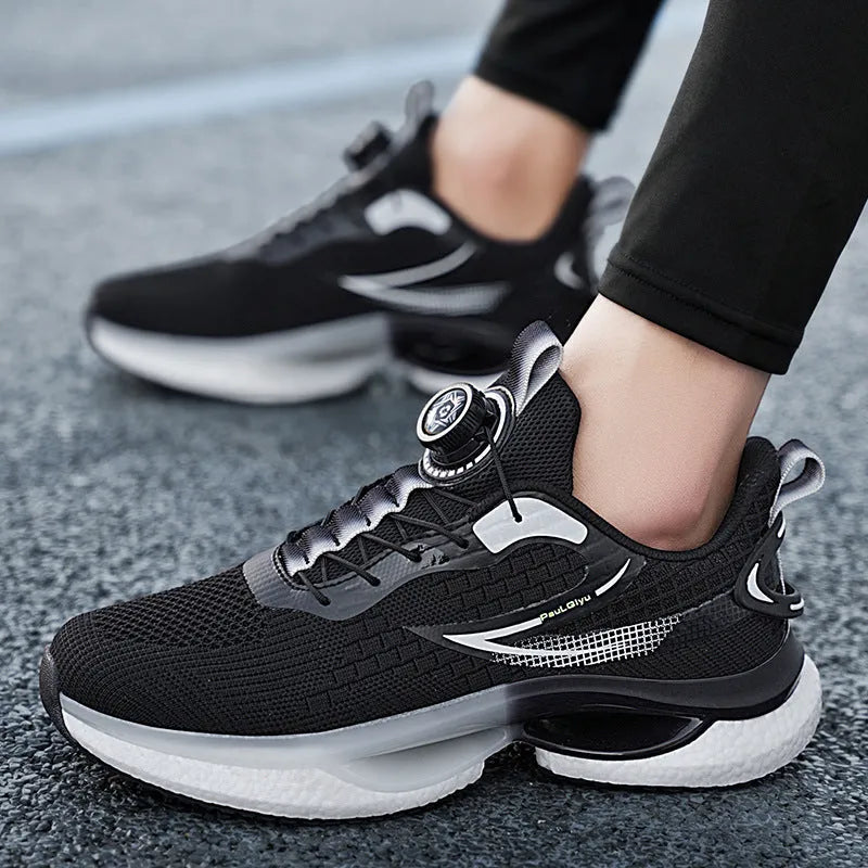 Men's white running shoes with rotating buckle closure and Fly-knit mesh upper