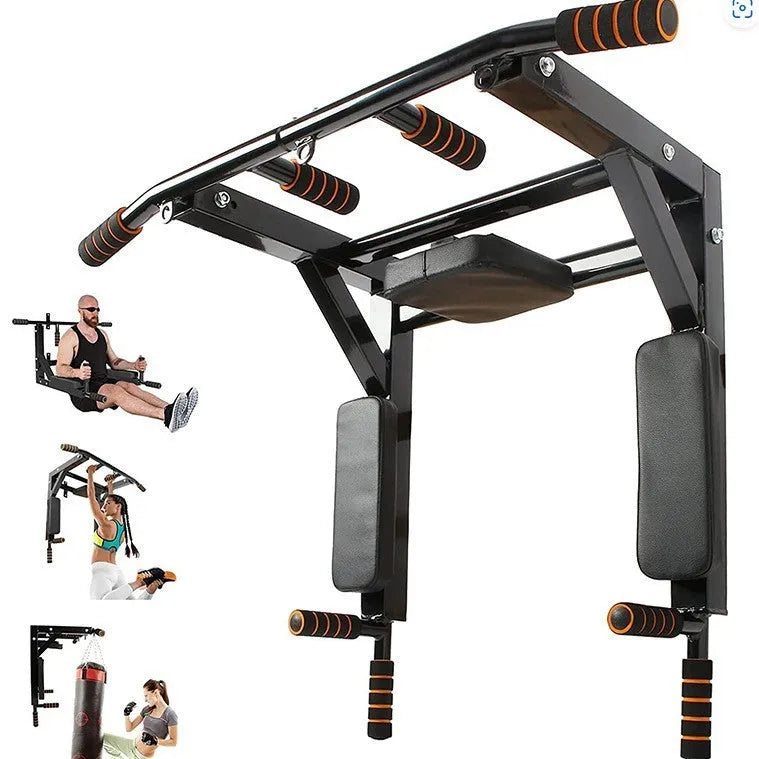 Black wall-mounted fitness equipment with sandbag rack and integrated parallel pull-up bars