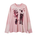 Women's loose dark grey cotton pullover top with letter print and drop shoulder long sleeves