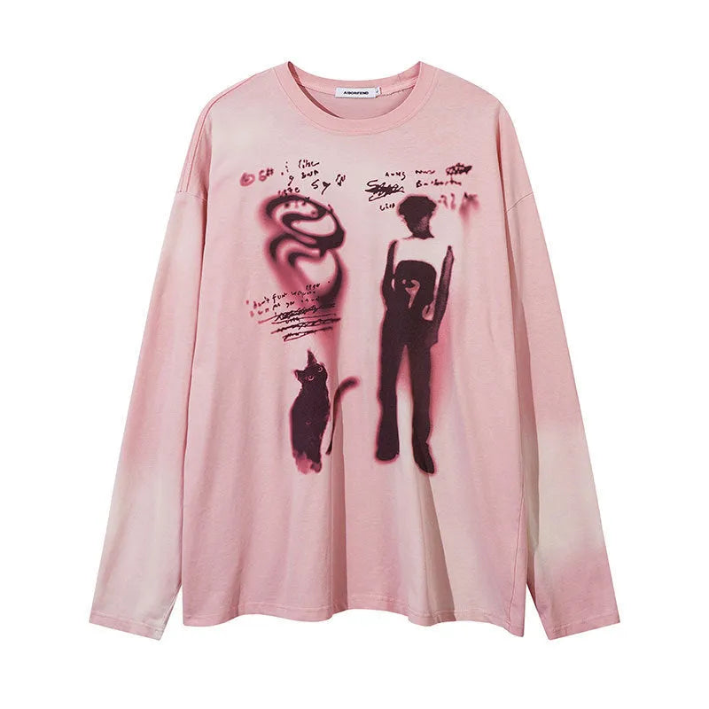 Women's loose dark grey cotton pullover top with letter print and drop shoulder long sleeves