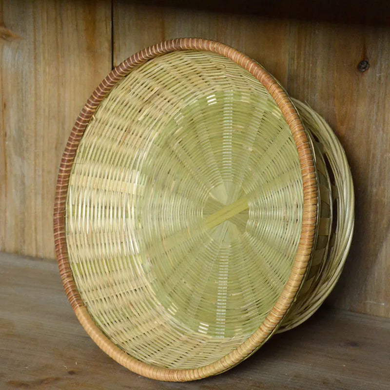 Handmade bamboo storage basket set showing three different sizes including deepening basket