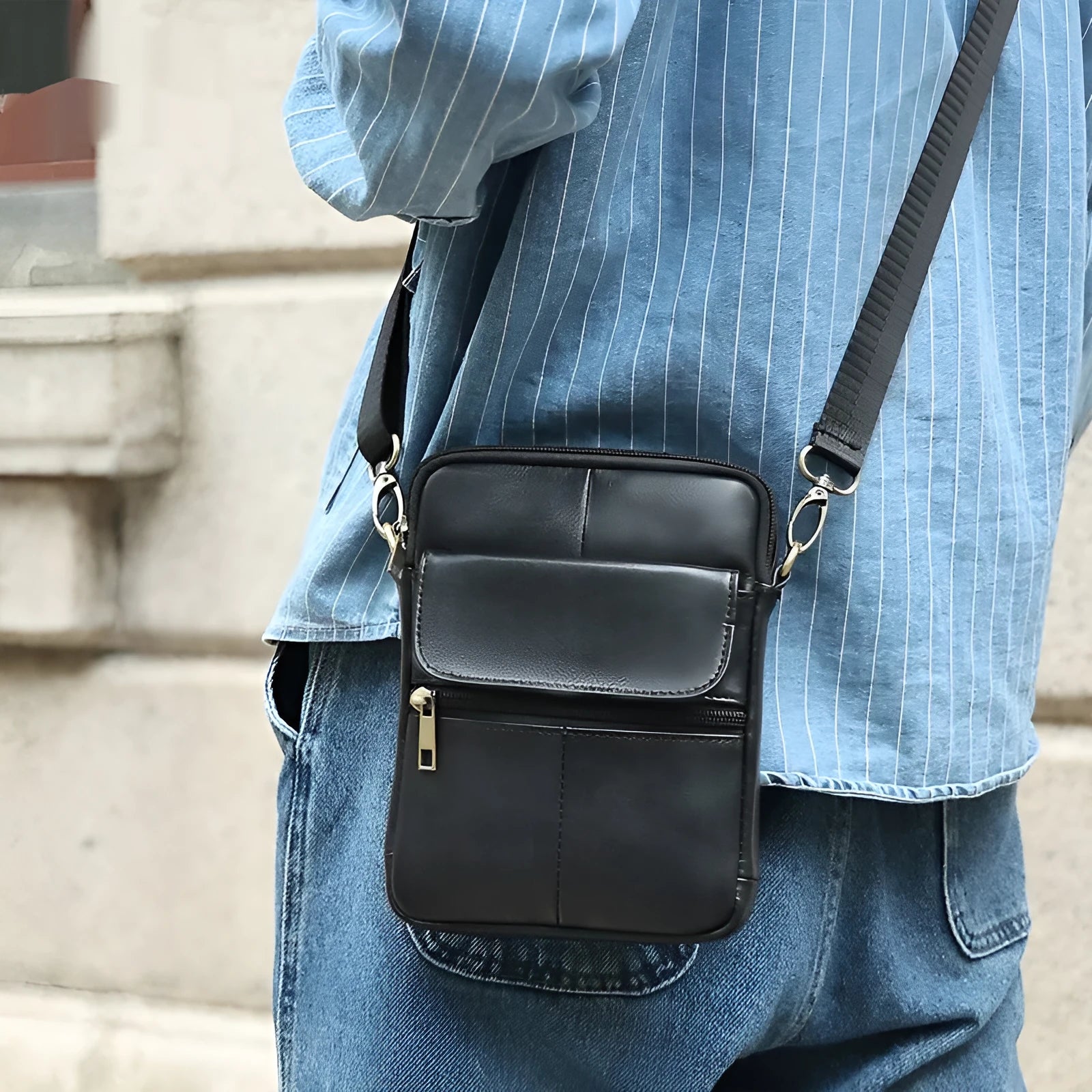 Men's genuine first layer cowhide crossbody shoulder bag in solid color with sewing line detail