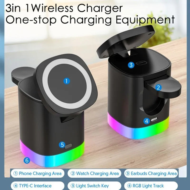 3 in 1 magnetic wireless fast charger cube with RGB ambient light, foldable design, black or white, USB outlet.