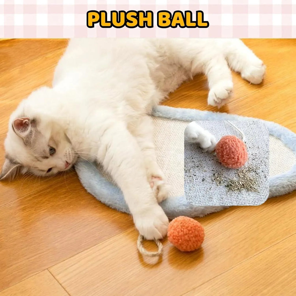 White wall-mounted cat scratching mat with natural sisal surface and sleeping cat cartoon design