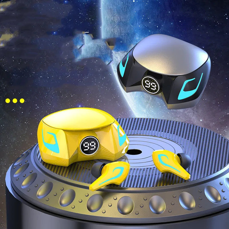 Wireless Bluetooth gaming headset with colourful LED lights on the earpieces, shown in black, grey, and yellow colour options.