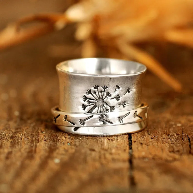 Silver rotatable flower ring in European American style with five size options displayed