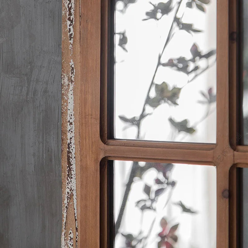 Terrace distressed fake window wall mirror with wooden glass construction and log colour finish