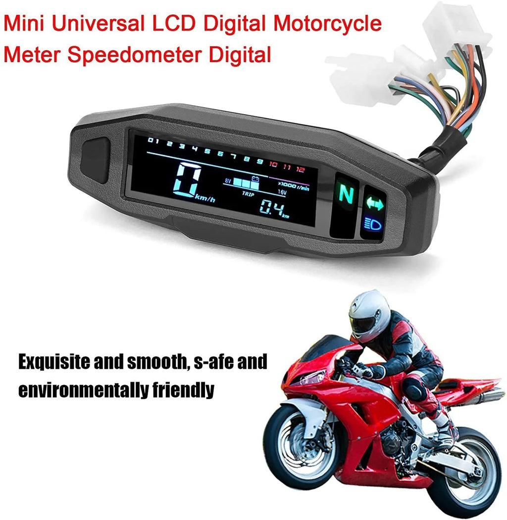 Black motorcycle mini digital speedometer with LCD screen displaying speed, tachometer, and fuel gauge.