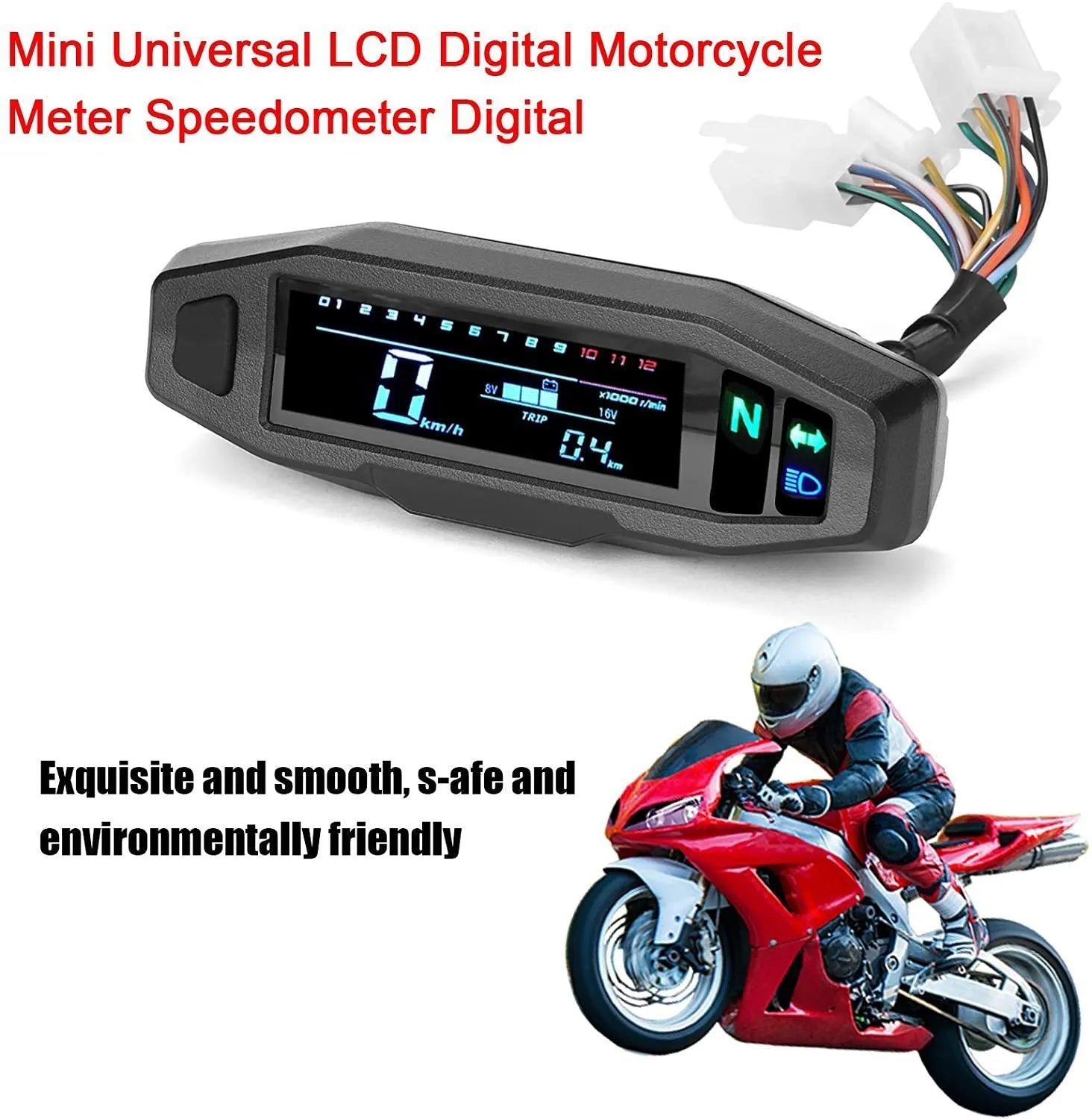 Black motorcycle mini digital speedometer with LCD screen displaying speed, tachometer, and fuel gauge.