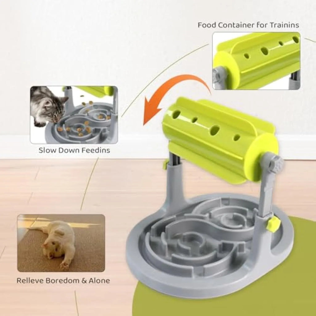 Interactive pet food puzzle slow feeder bowl in blue, green, or pink with adjustable height for dogs and cats