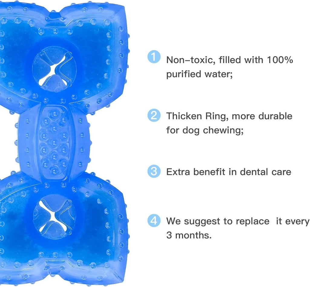 Freezable bone-shaped and circle-shaped dog cooling chew toy filled with purified water.