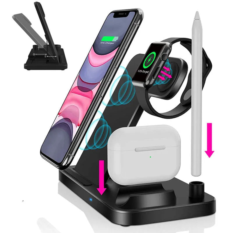 Folding 4-in-1 wireless charger showing iPhone, Apple Watch, AirPods and Apple Pencil charging simultaneously
