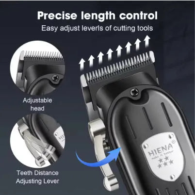 Black professional hair clipper set with aluminium foil shaver, showing LCD display and USB charging port.