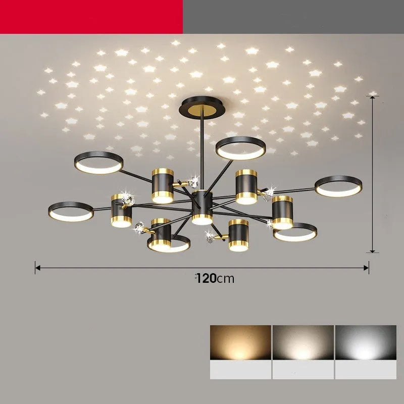 Black iron pendant chandelier with 13 lights in a Nordic star design, featuring a remote control.