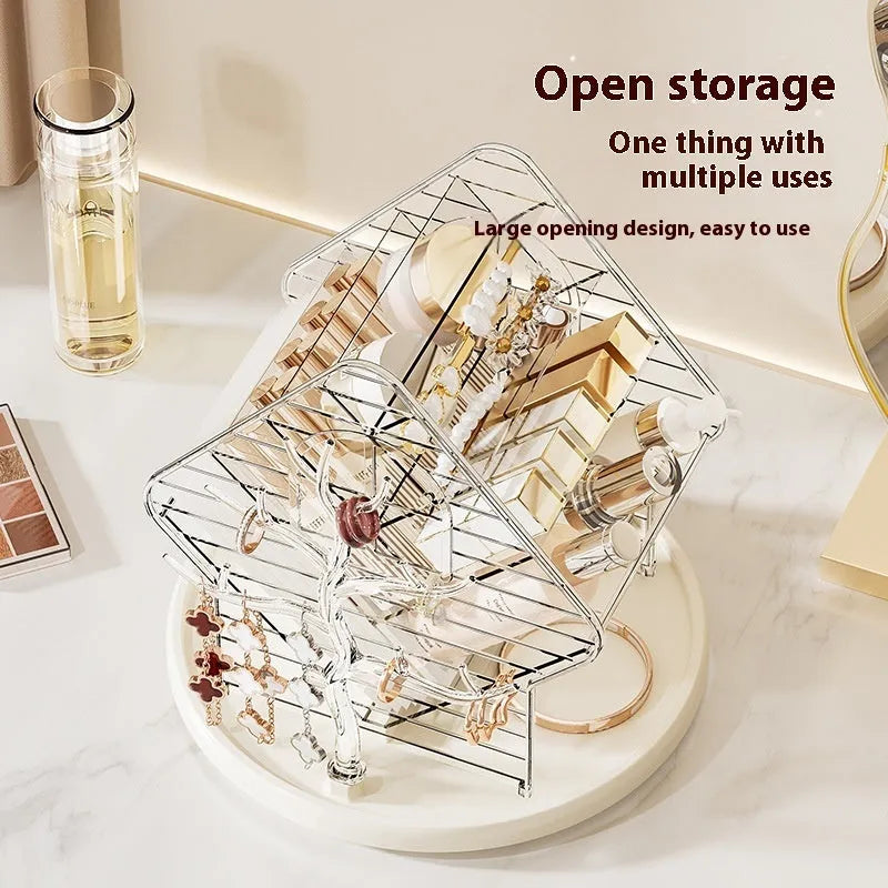 Rotating cosmetics storage box showing 360° rotation mechanism with clear acrylic design