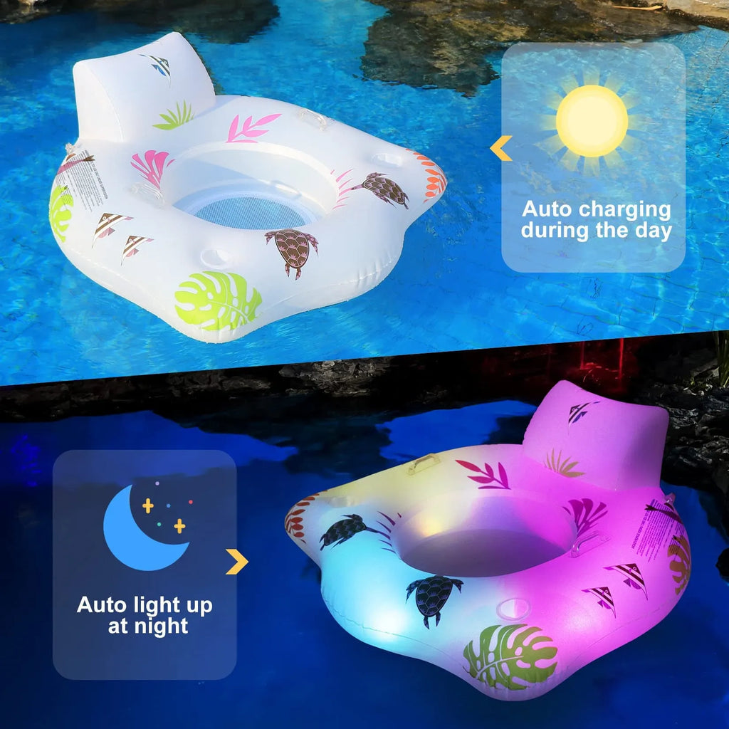 White luminous U-shaped inflatable pool float showing adult seating design on water