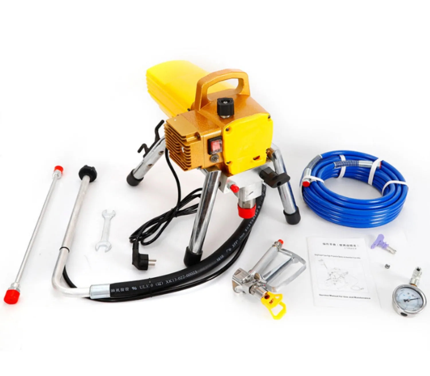 Blue portable electric airless paint spraying machine with spray gun, hose, and accessories on a workbench.