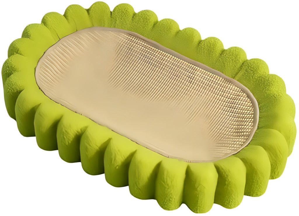 Green oval cat scratch pad bowl with sisal scratching surface measuring 650x420mm