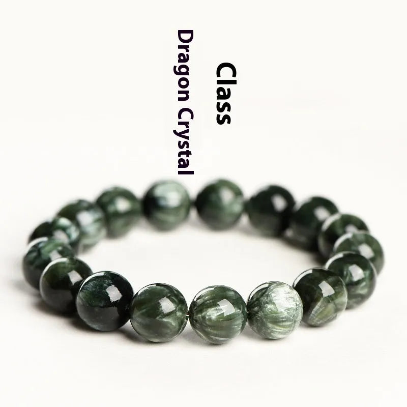 Green Dragon Crystal bracelet with round 8-9mm beads and a single ring clasp.