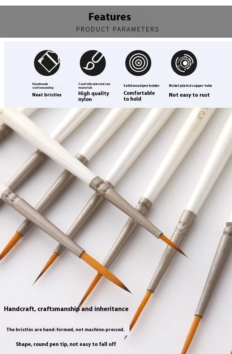 12 Pearl White artist brushes with nylon wool bristles and solid wood handles arranged by size.