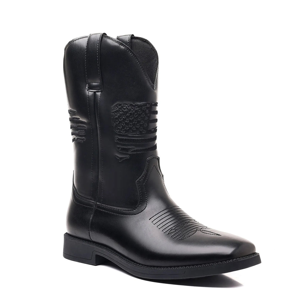 Men's brown retro wide shaft cowboy boots with embroidery, square toe, and low heel.
