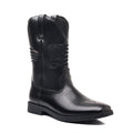 Men's brown retro wide shaft cowboy boots with embroidery, square toe, and low heel.