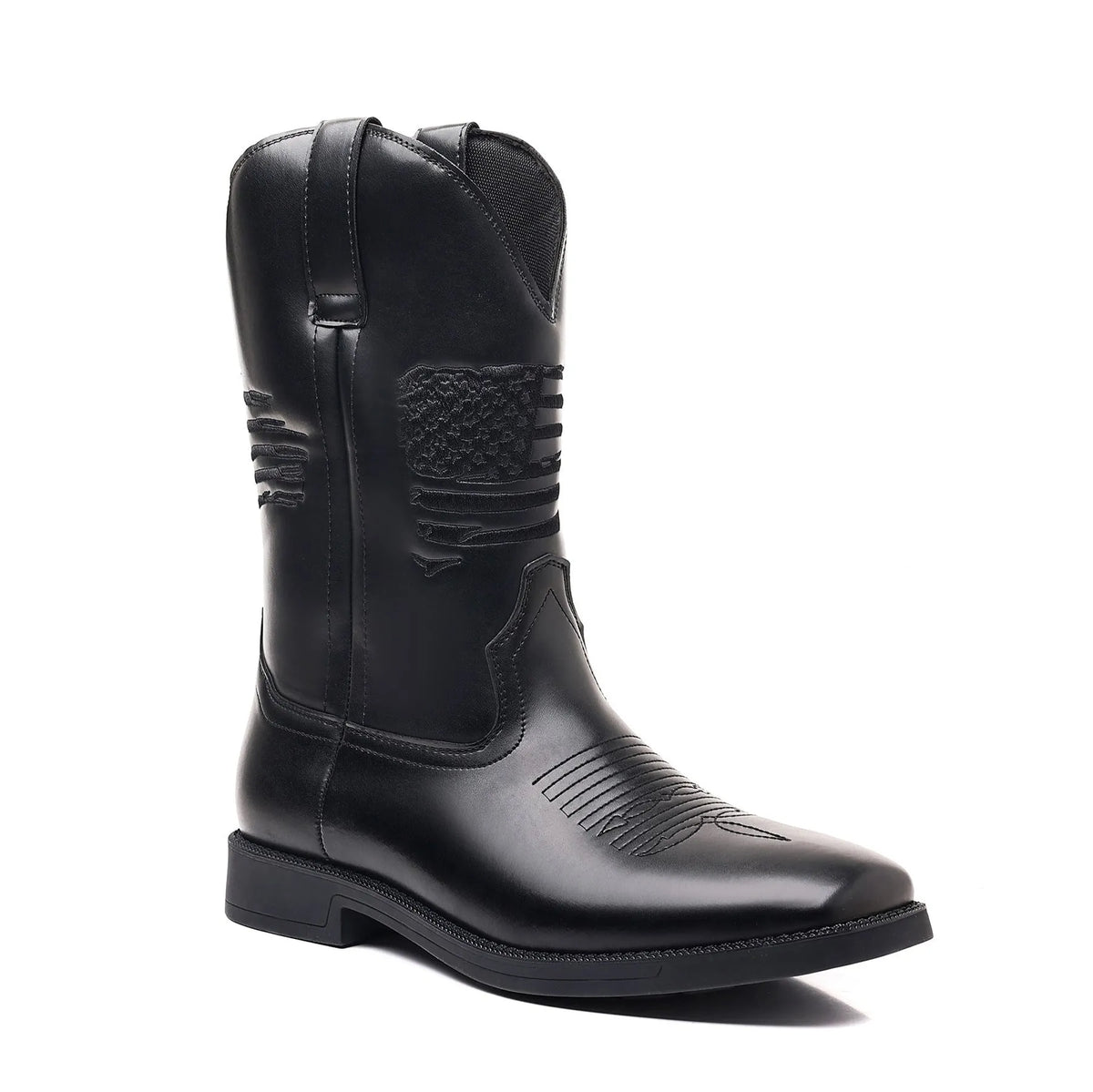 Men's brown retro wide shaft cowboy boots with embroidery, square toe, and low heel.
