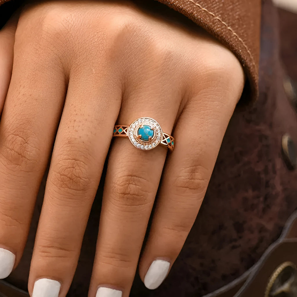 Women's turquoise ethnic style copper ring with rose gold finish and micro inlaid zircon geometric design