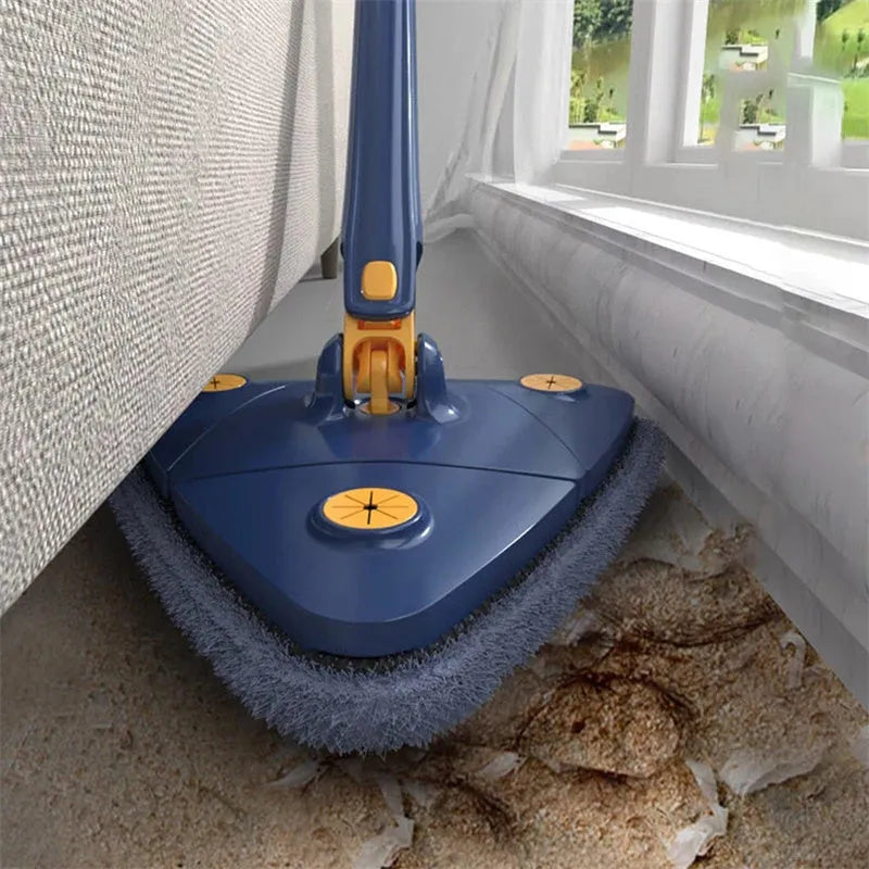 Blue extendable triangle cleaning mop with 360-degree rotating head on a stainless steel pole.