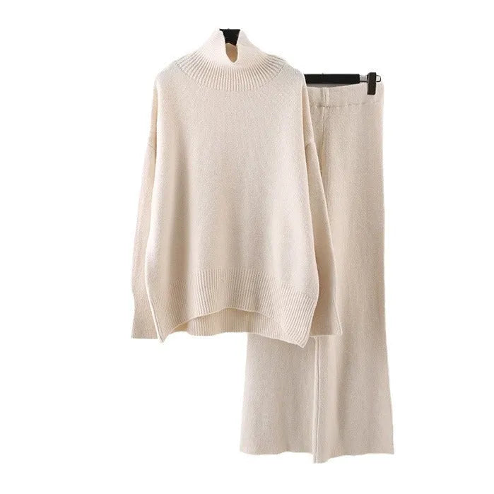 Women's beige acrylic sweater and wide-leg trousers two-piece casual set