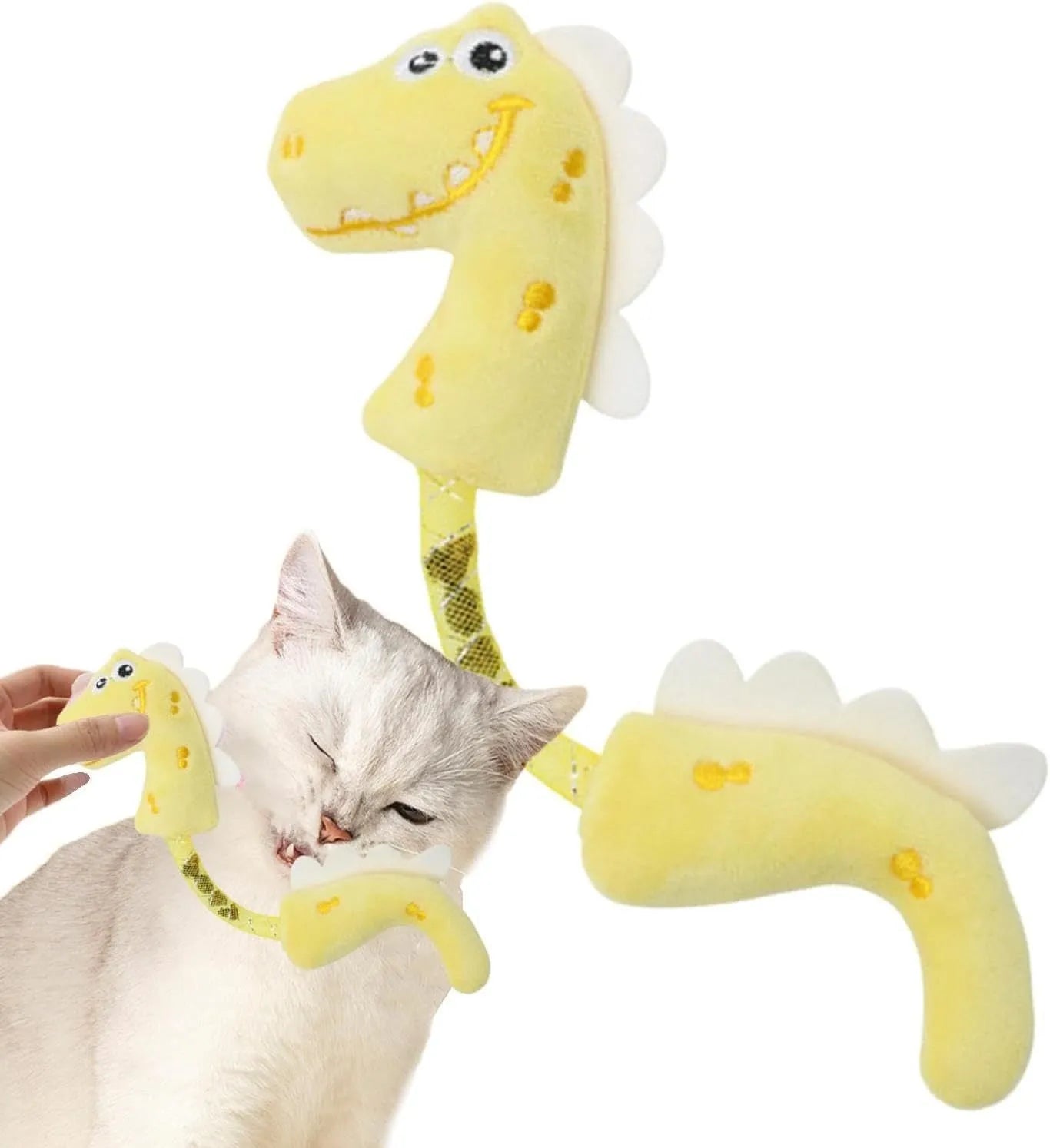 Four-piece cat toy bundle showing chew toy, plush mouse, fish, and bunny in pink, purple, and yellow colours.
