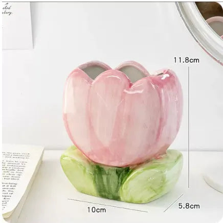 Ceramic flower pen holder storage box with floral pattern in blue, pink, or purple designs