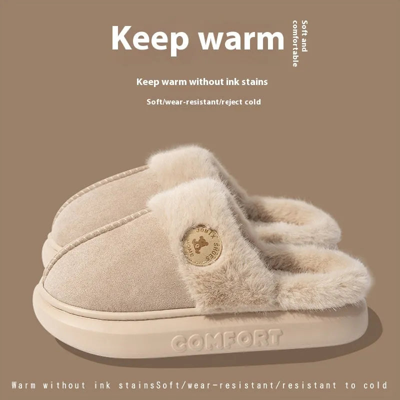 Fleece-lined winter slippers with PVC sole in various colours showing car stitching detail