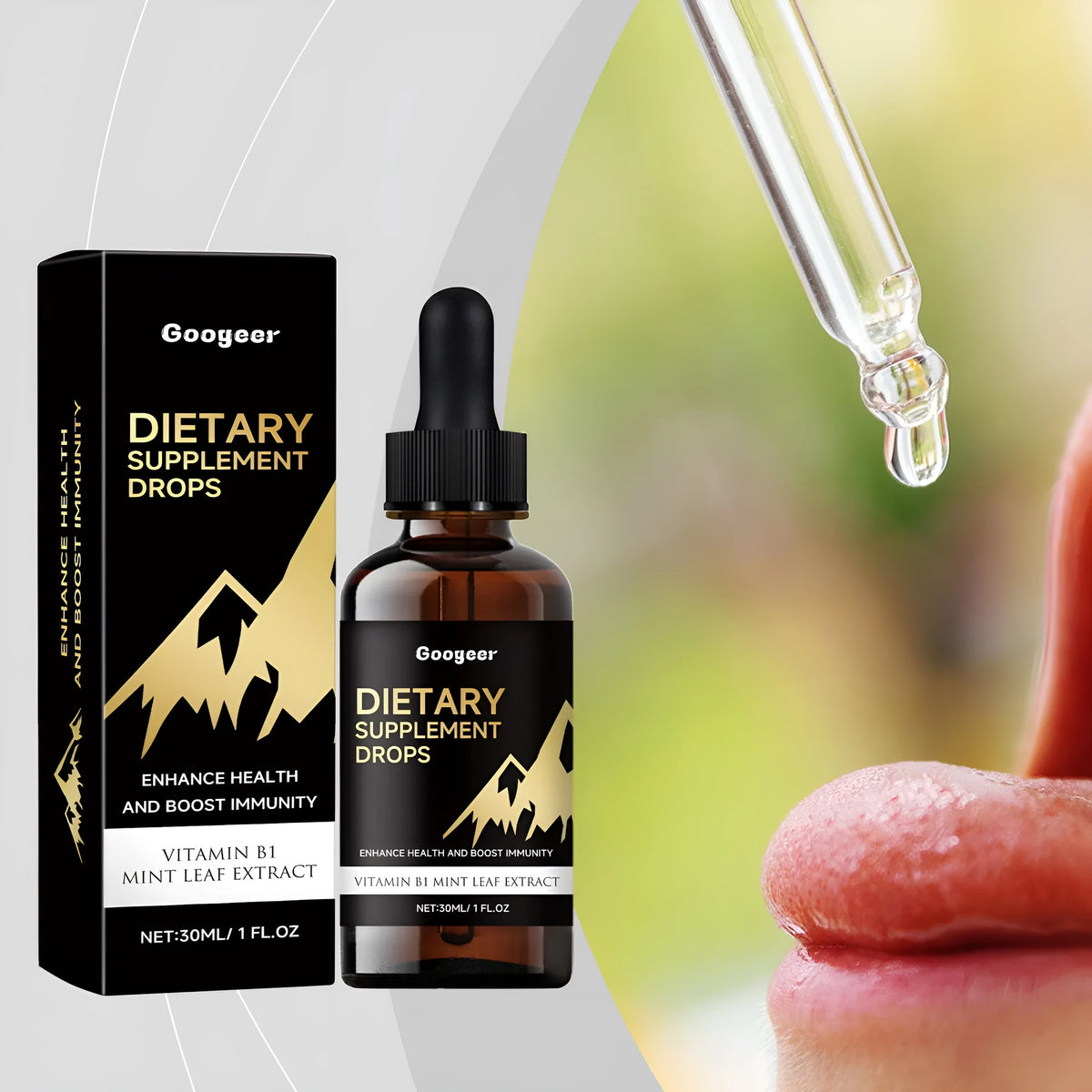 30ml glass bottle of vitamin D3 and K2 dietary supplement drops with a black dropper.