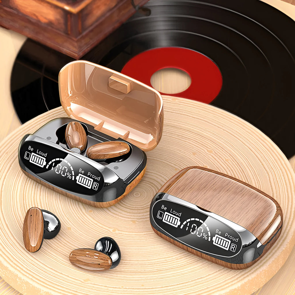 M35 wood grain Bluetooth wireless earbuds with charging case