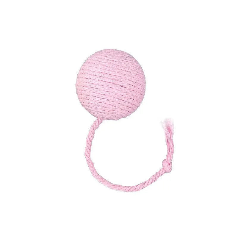 Colourful cat toy ball with rope attachment and built-in bell for interactive play