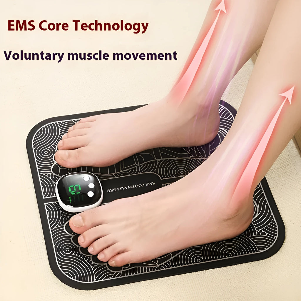 Blue USB rechargeable reflexology foot massager mat with remote control on a wooden floor
