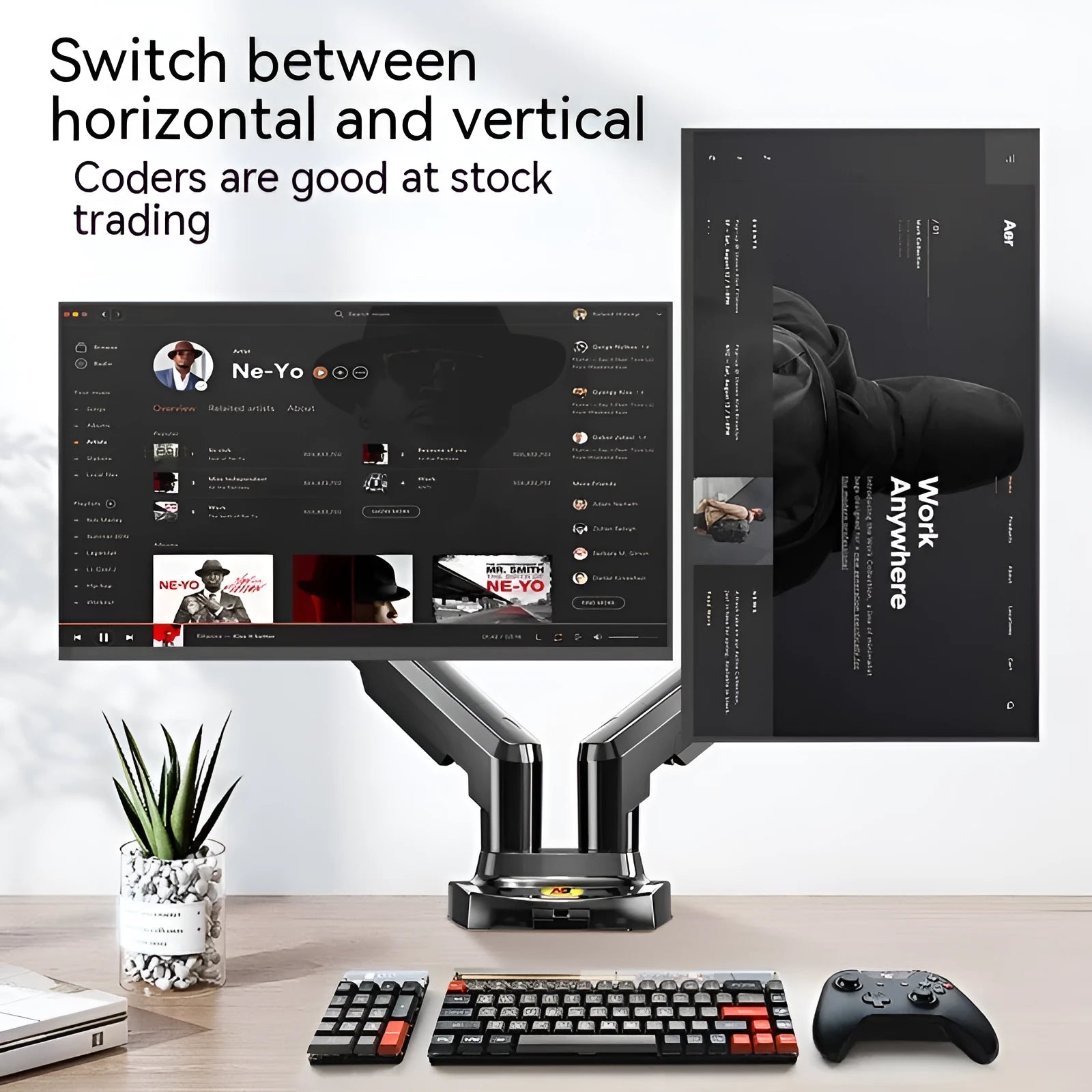 Aluminium dual screen monitor bracket with lift adjustment for VESA 75mm and 100mm mounts