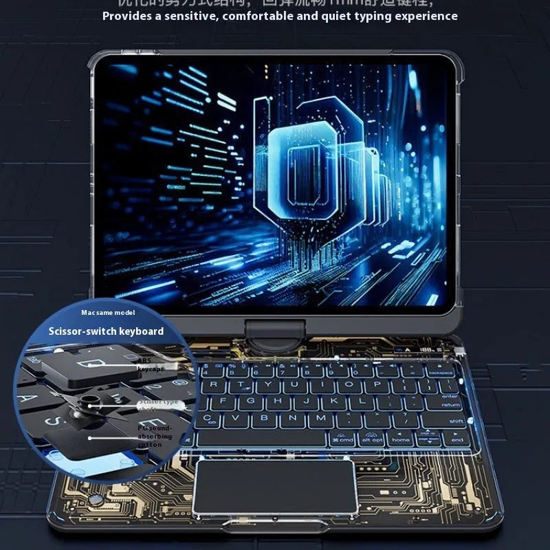 Transparent rotating keyboard case for iPad with wireless Bluetooth keyboard and protective sleeve