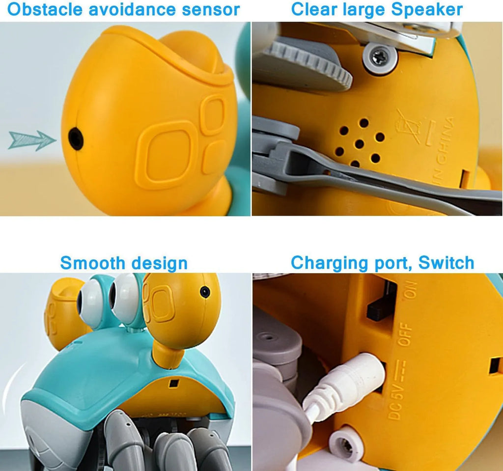 Blue or red electronic crab dog toy with lights, shown crawling, with a USB charging cable
