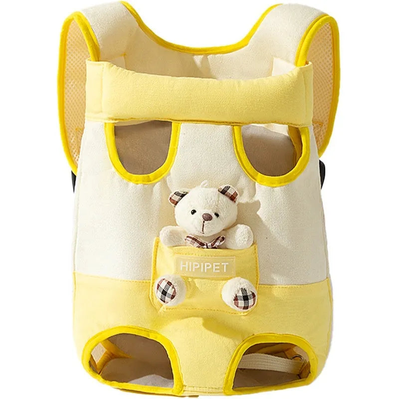 Cartoon pattern pet chest carrier bag in canvas with soft lining and colourful stitching