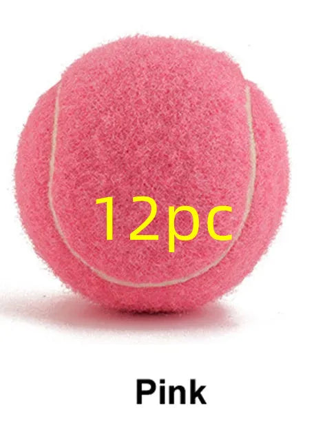 Assorted bright pink, blue, green, yellow, orange, and red rubber dog tennis balls, 6.3cm in diameter.
