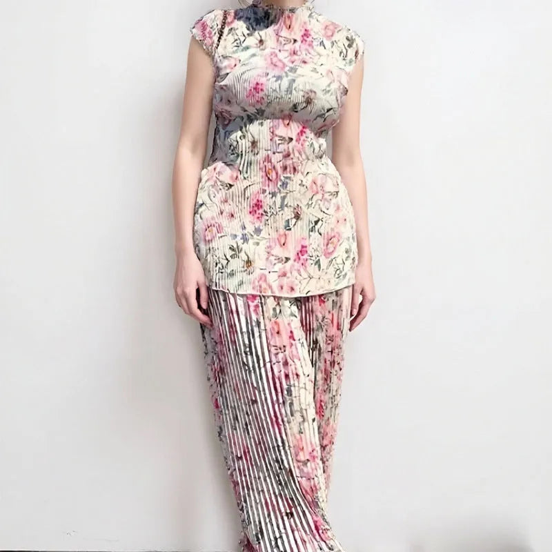 Long sleeve printed chiffon dress set with high waist skirt and matching top in picture colour floral design