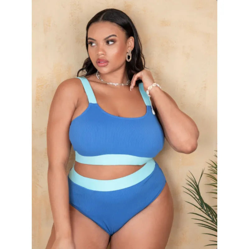 Women's high waist bikini swimsuit with pure colour stitching and split briefs design
