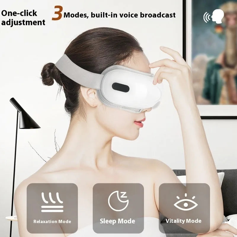 White rechargeable eye massager with airbag massage and hot compress functions for eye fatigue relief