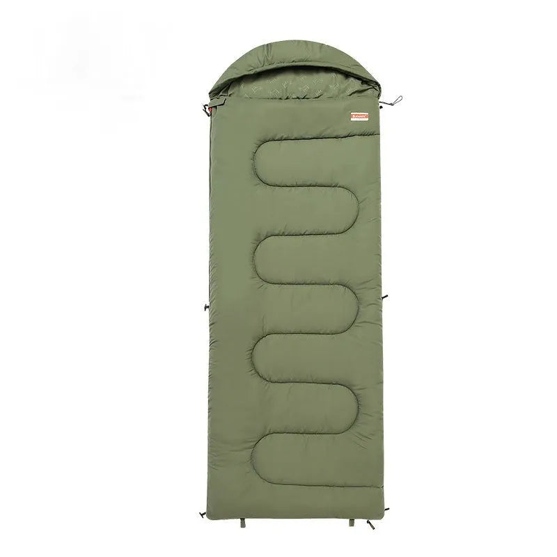 Cotton camping sleeping bag quilt in ochre colour laid out flat for outdoor use