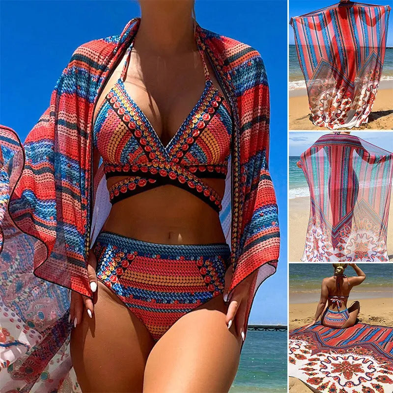 Three-piece split swimsuit set with high waist cutout blouse body and coat in picture color