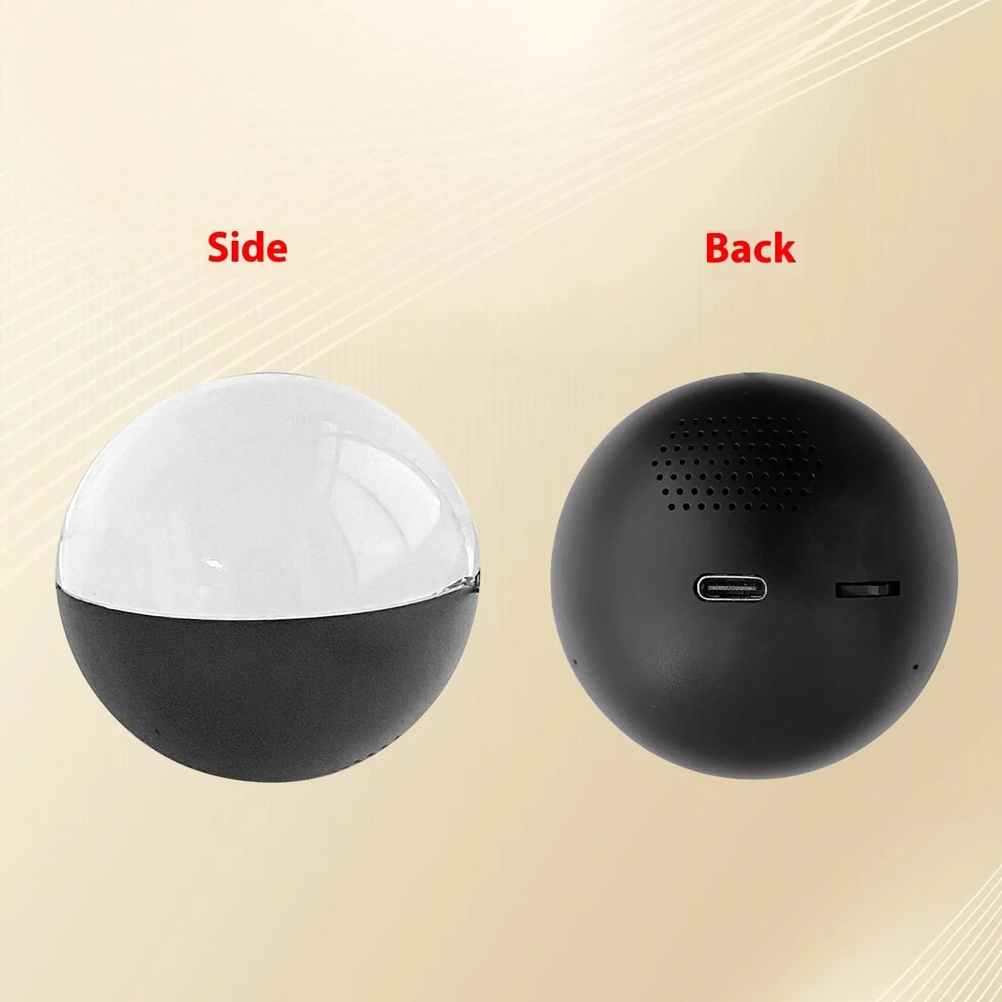 Small round electronic ball video player with dial control on a coloured plastic shell.